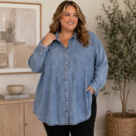 Jane + Delancey Tops - Jane + Delancey Women Blue Acid Wash Button Down Denim Shirt 2X Lyocell